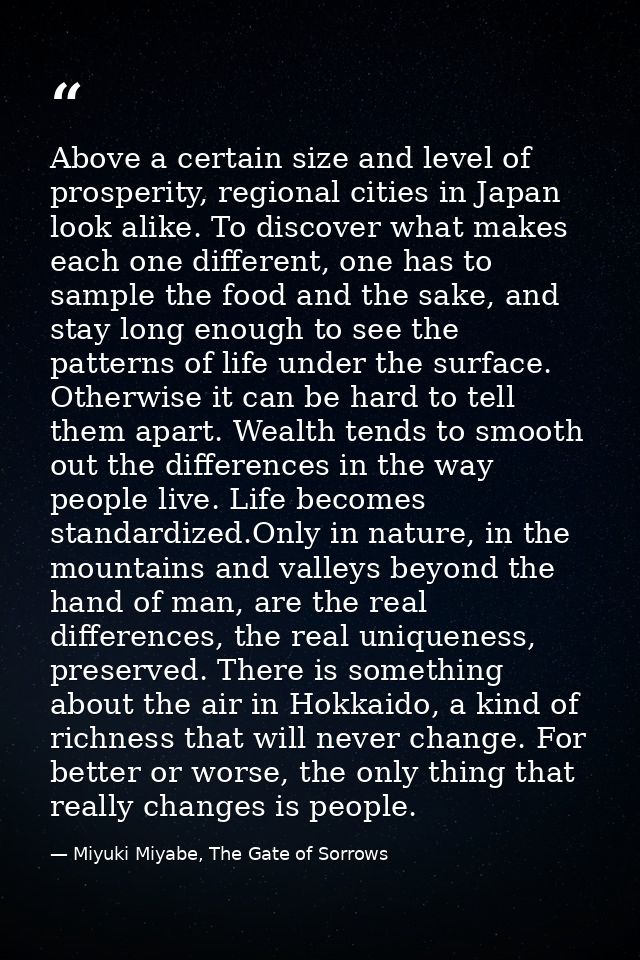 Above a certain size and level of prosperity, regional cities in Japan look alike. To discover what makes each one diffe — Miyuki Miyabe, The Gate of Sorrows