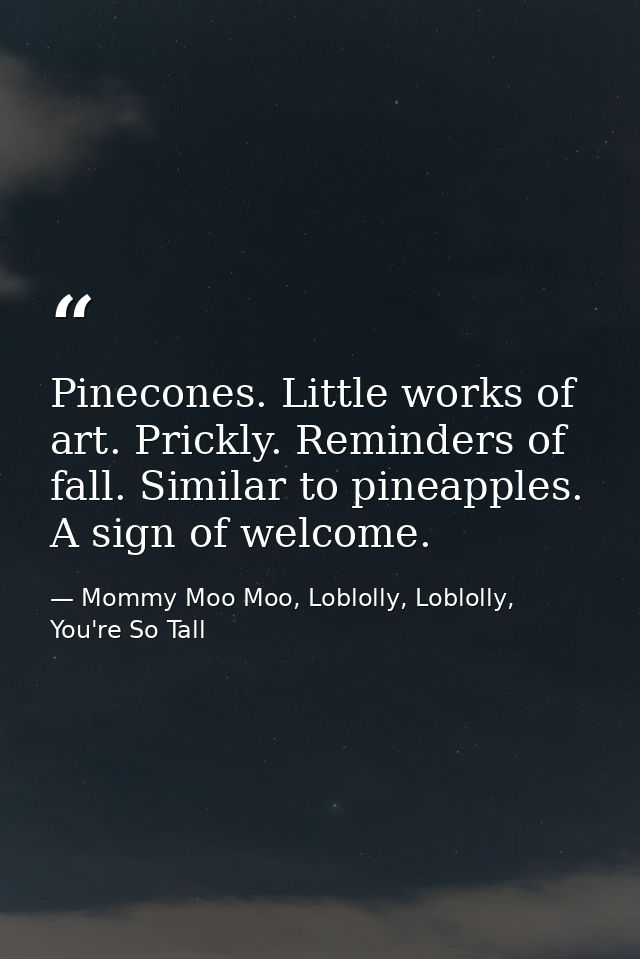 Pinecones. Little works of art. Prickly. Reminders of fall. Similar to pineapples. A sign of welcome. — Mommy Moo Moo, Loblolly, Loblolly, You're So Tall