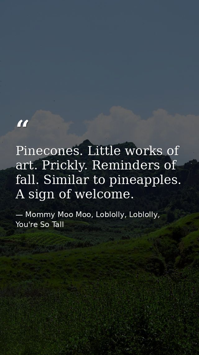 Pinecones. Little works of art. Prickly. Reminders of fall. Similar to pineapples. A sign of welcome. — Mommy Moo Moo, Loblolly, Loblolly, You're So Tall