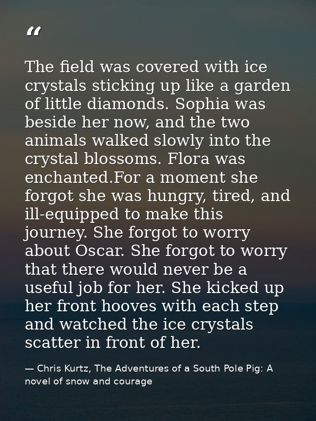 The field was covered with ice crystals sticking up like a garden of little diamonds. Sophia was beside her now, and the — Chris Kurtz, The Adventures of a South Pole Pig: A novel of snow and courage