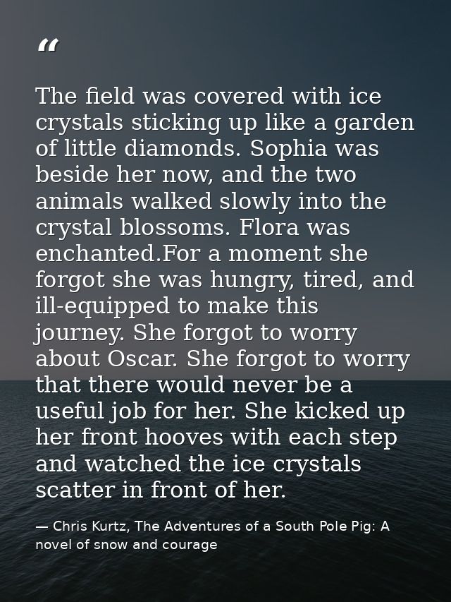The field was covered with ice crystals sticking up like a garden of little diamonds. Sophia was beside her now, and the — Chris Kurtz, The Adventures of a South Pole Pig: A novel of snow and courage