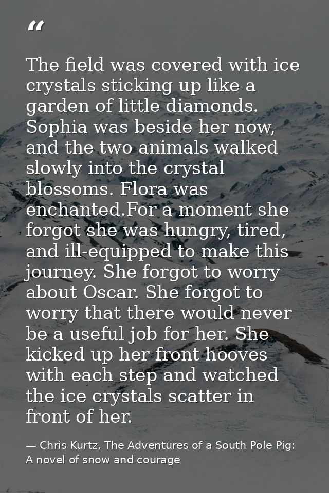 The field was covered with ice crystals sticking up like a garden of little diamonds. Sophia was beside her now, and the — Chris Kurtz, The Adventures of a South Pole Pig: A novel of snow and courage