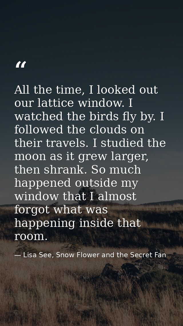 All the time, I looked out our lattice window. I watched the birds fly by. I followed the clouds on their travels. I stu — Lisa See, Snow Flower and the Secret Fan