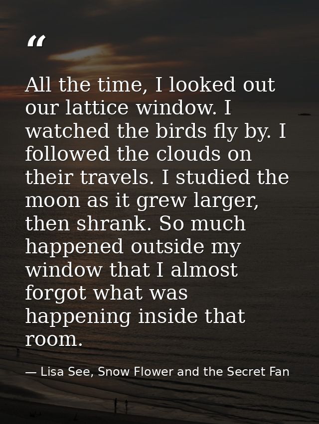 All the time, I looked out our lattice window. I watched the birds fly by. I followed the clouds on their travels. I stu — Lisa See, Snow Flower and the Secret Fan