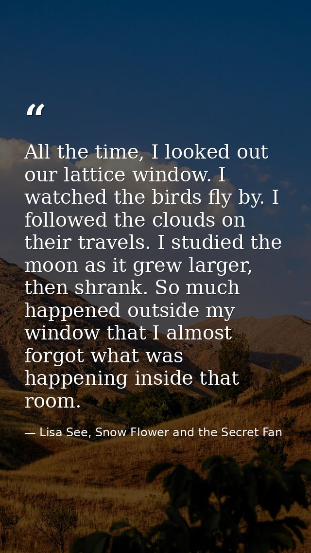 All the time, I looked out our lattice window. I watched the birds fly by. I followed the clouds on their travels. I stu — Lisa See, Snow Flower and the Secret Fan