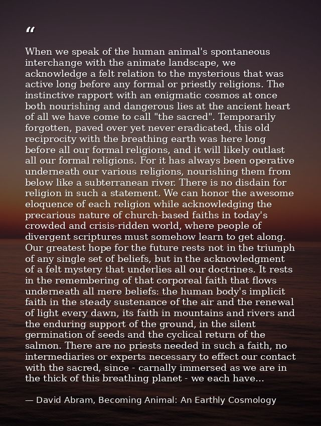 When we speak of the human animal's spontaneous interchange with the animate landscape, we acknowledge a felt relation t — David Abram, Becoming Animal: An Earthly Cosmology