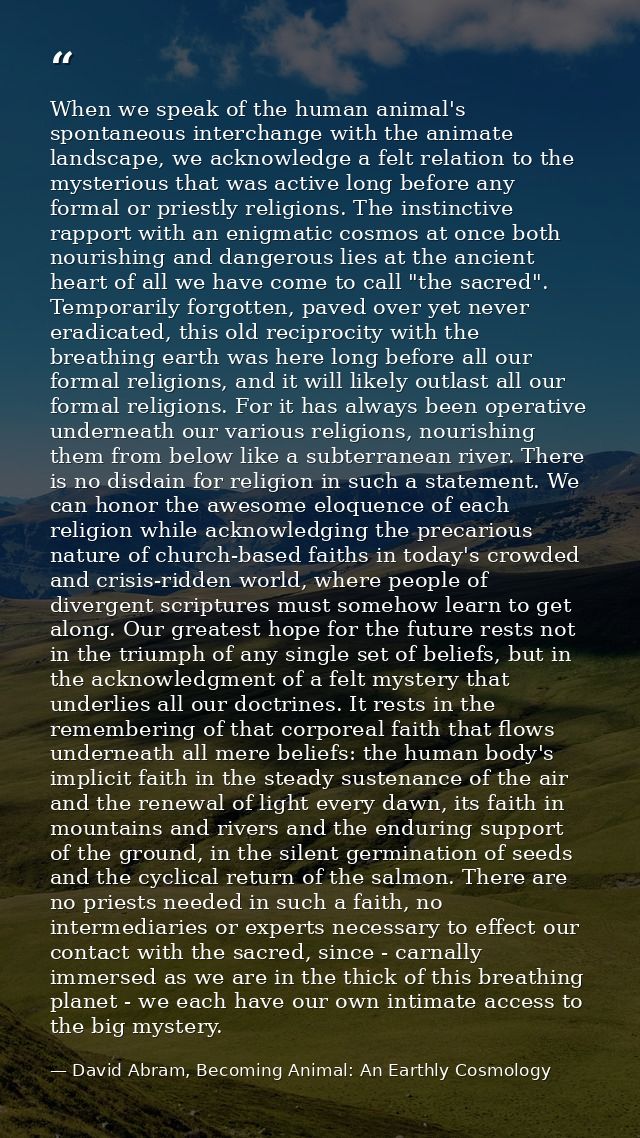 When we speak of the human animal's spontaneous interchange with the animate landscape, we acknowledge a felt relation t — David Abram, Becoming Animal: An Earthly Cosmology