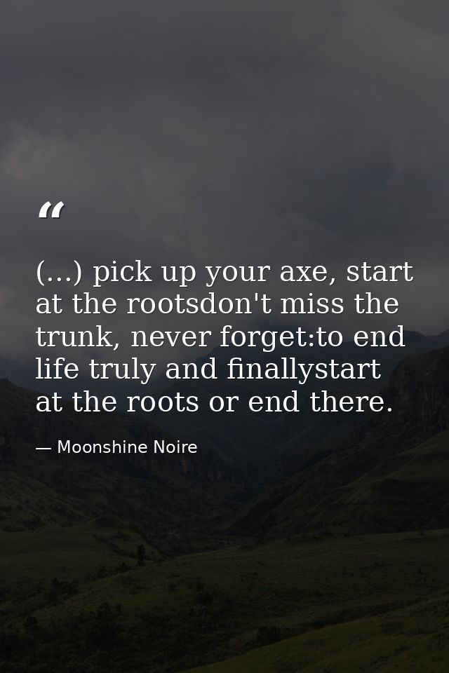 (...) pick up your axe, start at the rootsdon't miss the trunk, never forget:to end life truly and finallystart at the r — Moonshine Noire