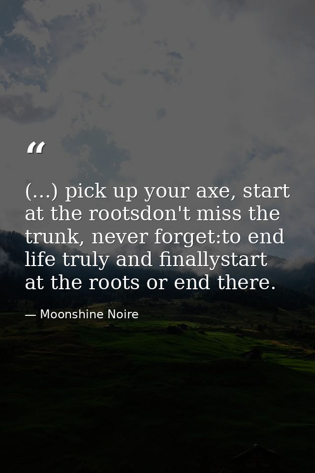 (...) pick up your axe, start at the rootsdon't miss the trunk, never forget:to end life truly and finallystart at the r — Moonshine Noire
