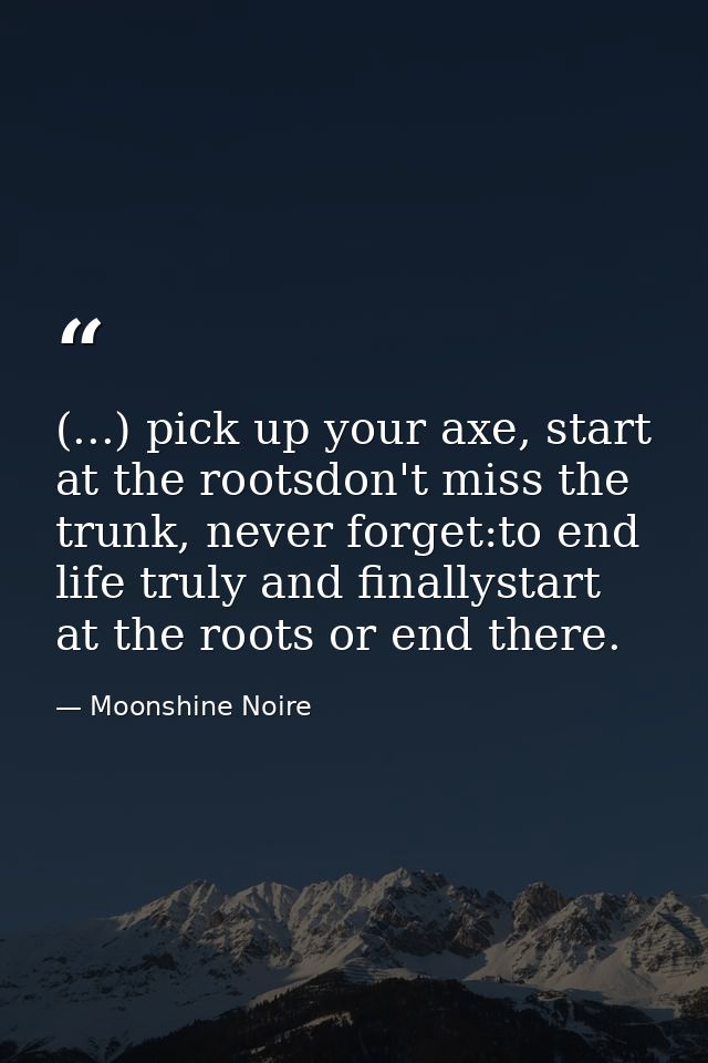 (...) pick up your axe, start at the rootsdon't miss the trunk, never forget:to end life truly and finallystart at the r — Moonshine Noire