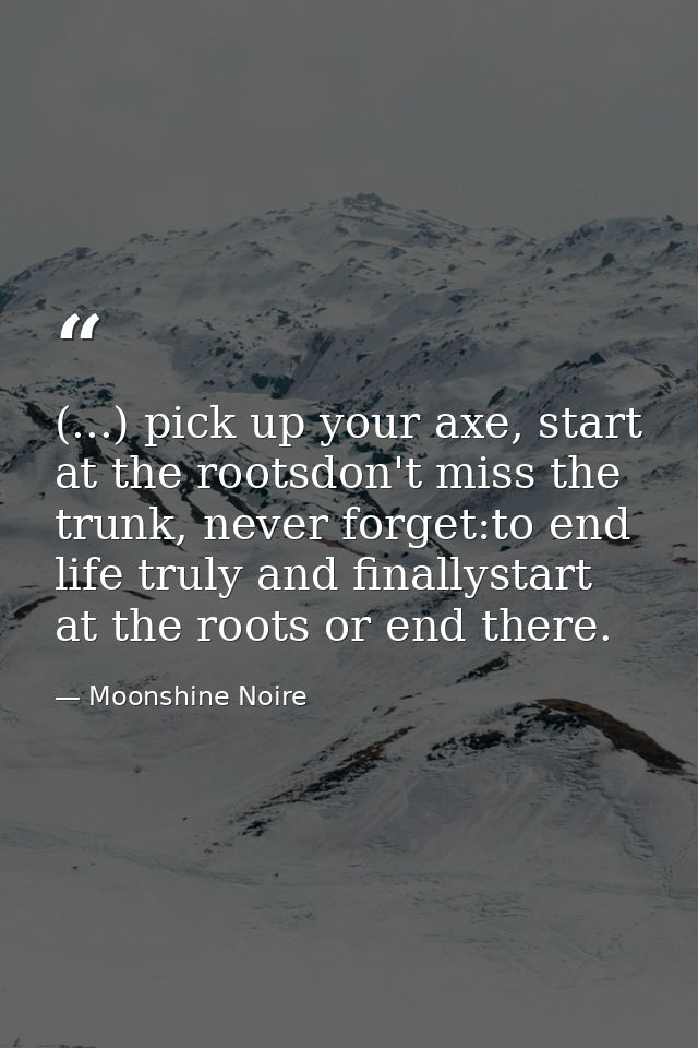 (...) pick up your axe, start at the rootsdon't miss the trunk, never forget:to end life truly and finallystart at the r — Moonshine Noire