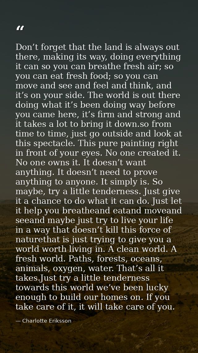 Don’t forget that the land is always out there, making its way, doing everything it can so you can breathe fresh air; so — Charlotte Eriksson