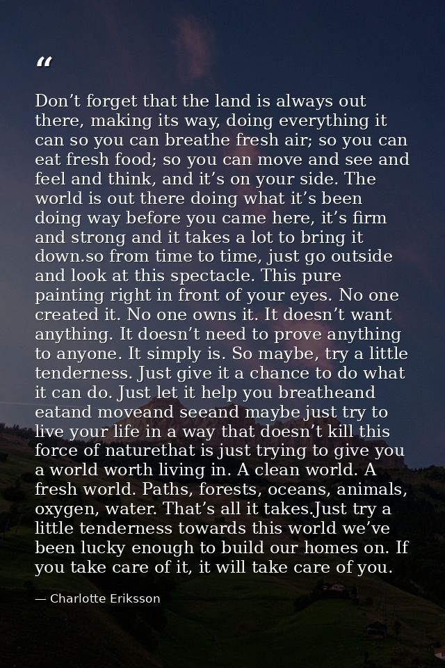 Don’t forget that the land is always out there, making its way, doing everything it can so you can breathe fresh air; so — Charlotte Eriksson