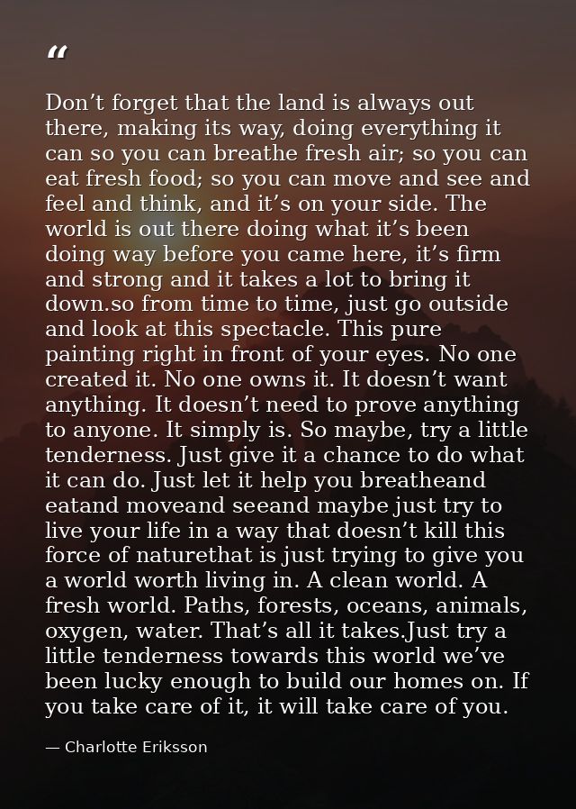 Don’t forget that the land is always out there, making its way, doing everything it can so you can breathe fresh air; so — Charlotte Eriksson