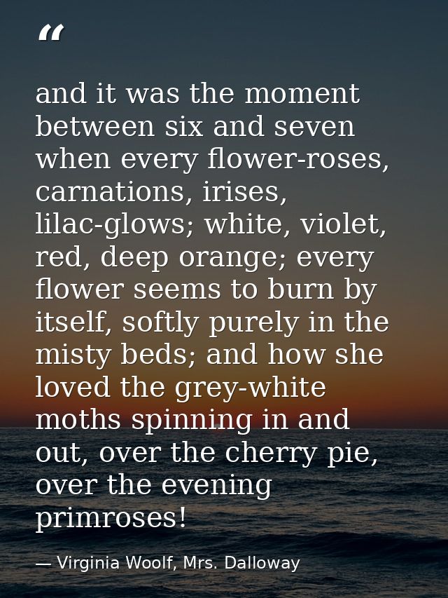 and it was the moment between six and seven when every flower-roses, carnations, irises, lilac-glows; white, violet, red — Virginia Woolf, Mrs. Dalloway