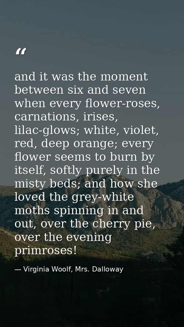 and it was the moment between six and seven when every flower-roses, carnations, irises, lilac-glows; white, violet, red — Virginia Woolf, Mrs. Dalloway