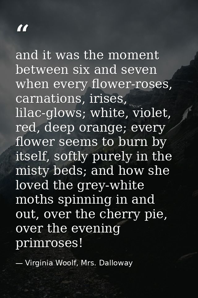 and it was the moment between six and seven when every flower-roses, carnations, irises, lilac-glows; white, violet, red — Virginia Woolf, Mrs. Dalloway