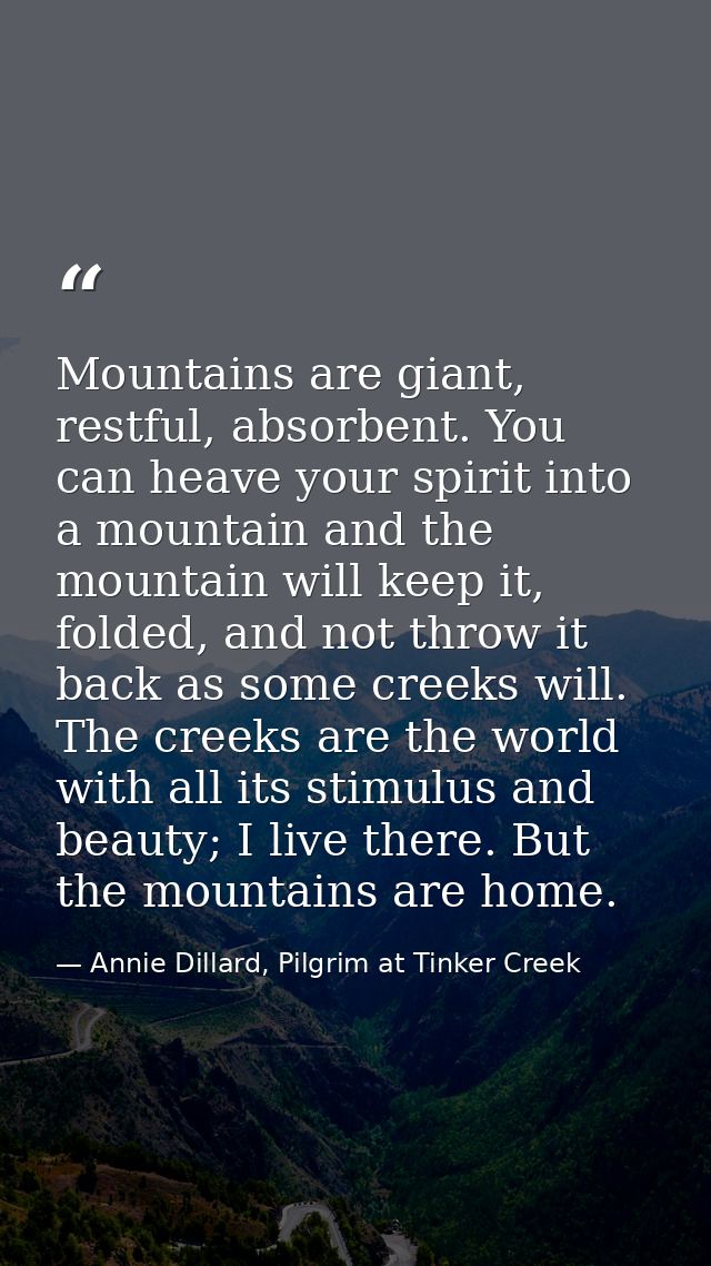 Mountains are giant, restful, absorbent. You can heave your spirit into a mountain and the mountain will keep it, folded — Annie Dillard, Pilgrim at Tinker Creek
