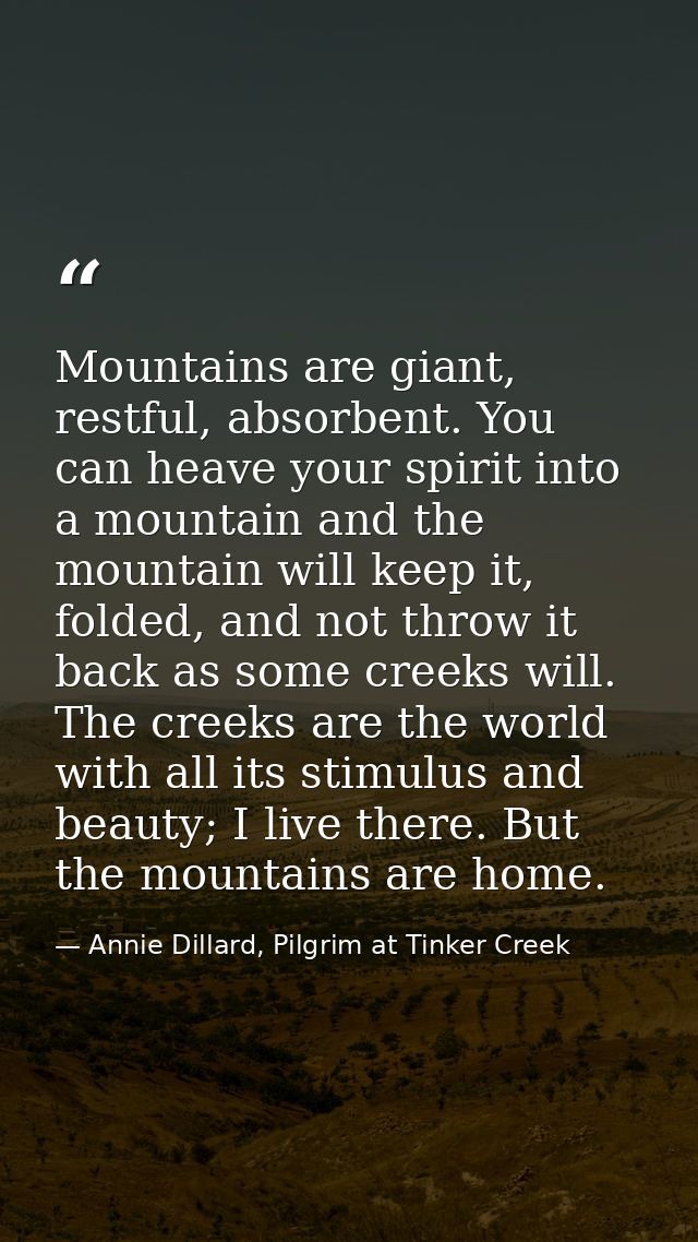 Mountains are giant, restful, absorbent. You can heave your spirit into a mountain and the mountain will keep it, folded — Annie Dillard, Pilgrim at Tinker Creek