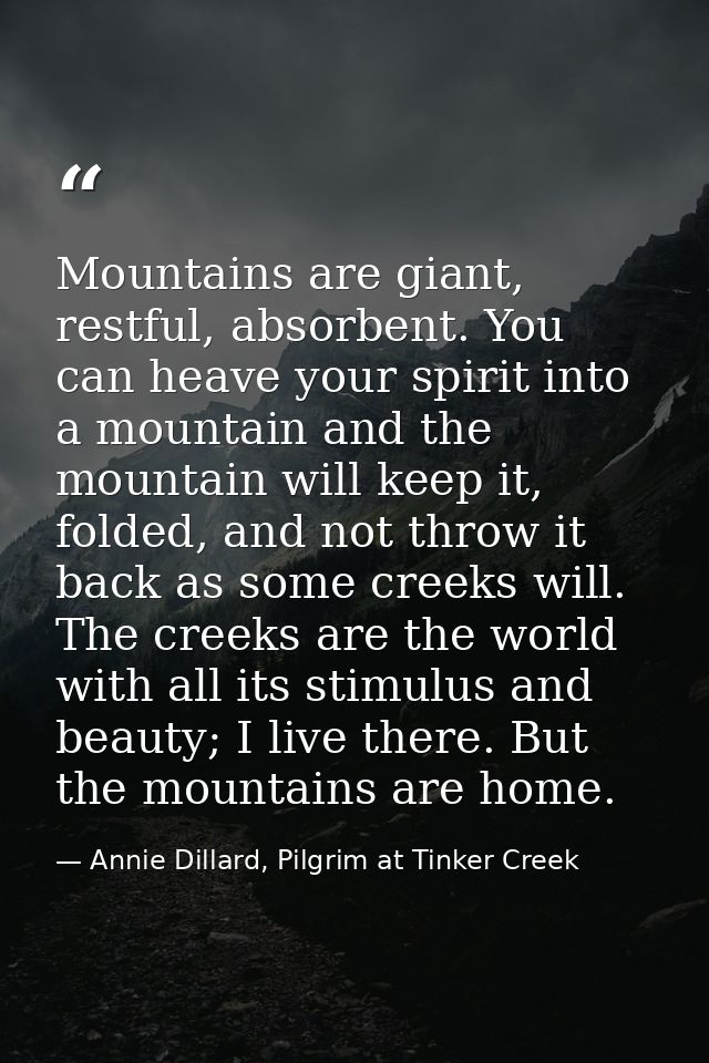 Mountains are giant, restful, absorbent. You can heave your spirit into a mountain and the mountain will keep it, folded — Annie Dillard, Pilgrim at Tinker Creek