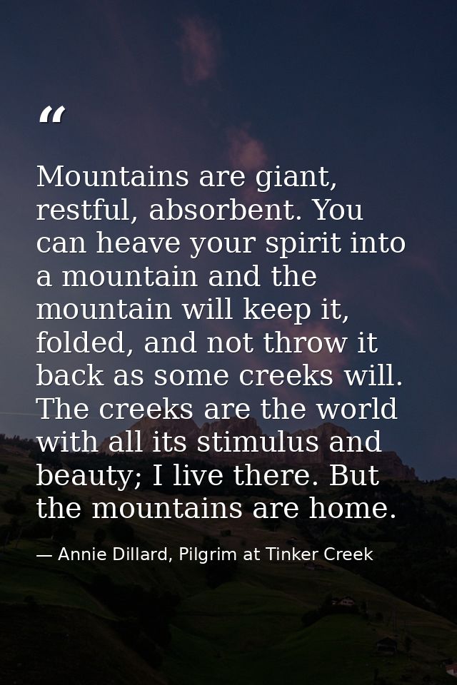 Mountains are giant, restful, absorbent. You can heave your spirit into a mountain and the mountain will keep it, folded — Annie Dillard, Pilgrim at Tinker Creek