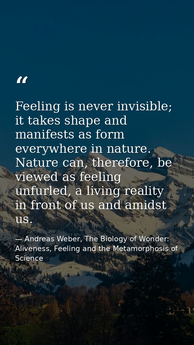 Feeling is never invisible; it takes shape and manifests as form everywhere in nature. Nature can, therefore, be viewed  — Andreas Weber, The Biology of Wonder: Aliveness, Feeling and the Metamorphosis of Science