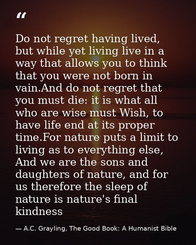 Do not regret having lived, but while yet living live in a way that allows you to think that you were not born in vain.A — A.C. Grayling, The Good Book: A Humanist Bible