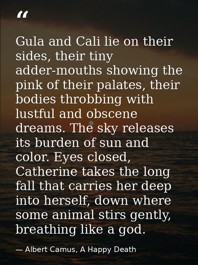 Gula and Cali lie on their sides, their tiny adder-mouths showing the pink of their palates, their bodies throbbing with — Albert Camus, A Happy Death