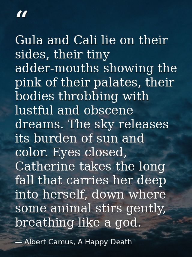 Gula and Cali lie on their sides, their tiny adder-mouths showing the pink of their palates, their bodies throbbing with — Albert Camus, A Happy Death