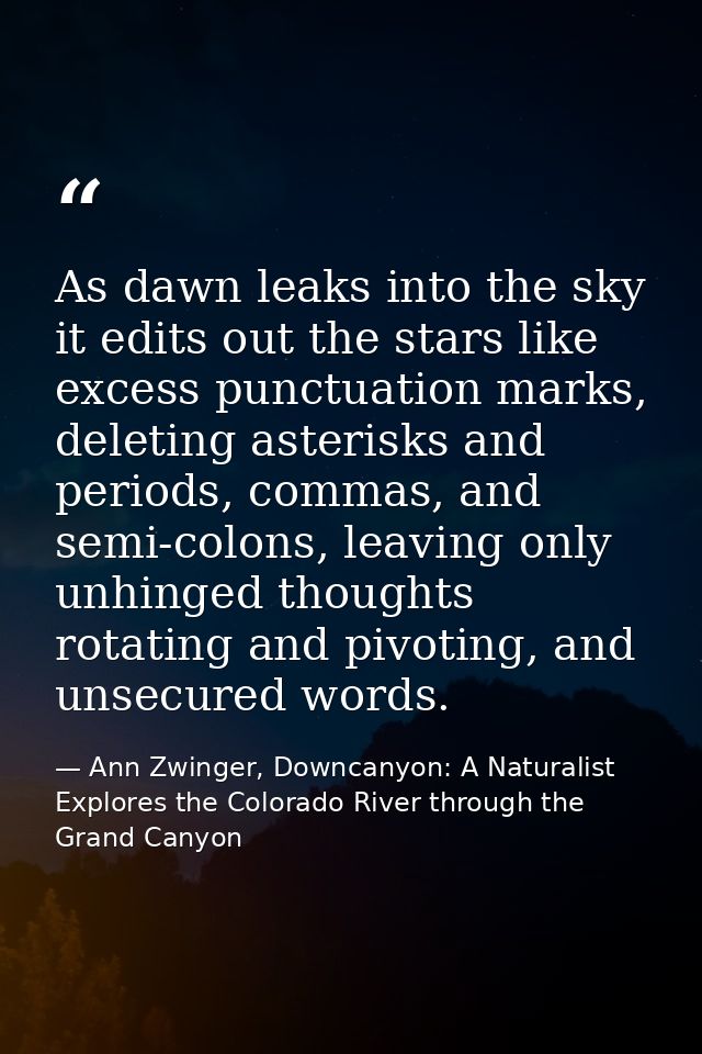 As dawn leaks into the sky it edits out the stars like excess punctuation marks, deleting asterisks and periods, commas, — Ann Zwinger, Downcanyon: A Naturalist Explores the Colorado River through the Grand Canyon