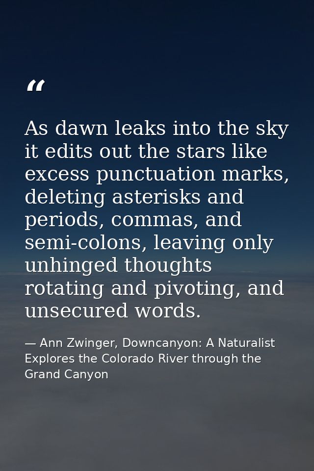 As dawn leaks into the sky it edits out the stars like excess punctuation marks, deleting asterisks and periods, commas, — Ann Zwinger, Downcanyon: A Naturalist Explores the Colorado River through the Grand Canyon