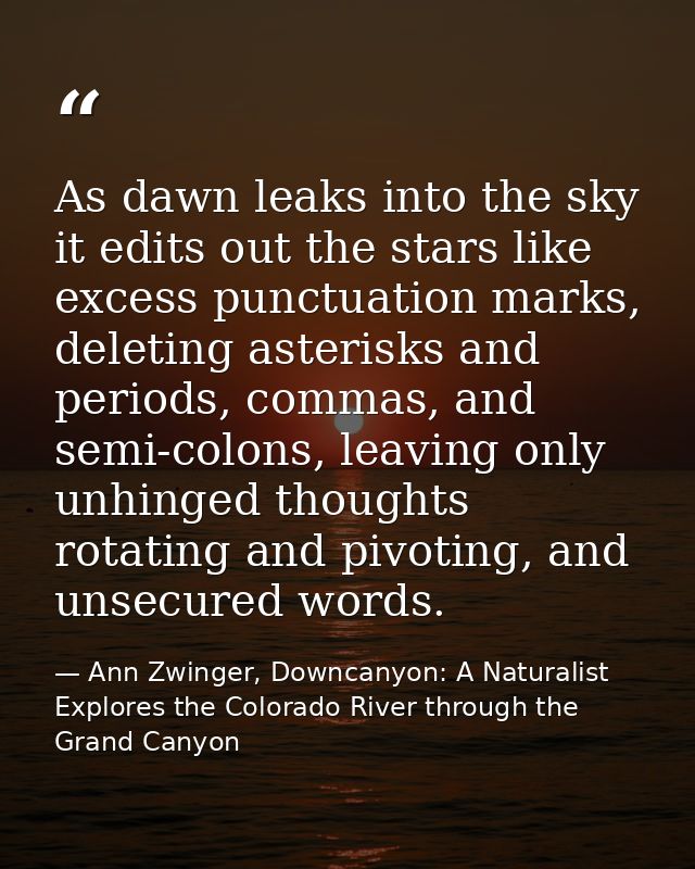 As dawn leaks into the sky it edits out the stars like excess punctuation marks, deleting asterisks and periods, commas, — Ann Zwinger, Downcanyon: A Naturalist Explores the Colorado River through the Grand Canyon