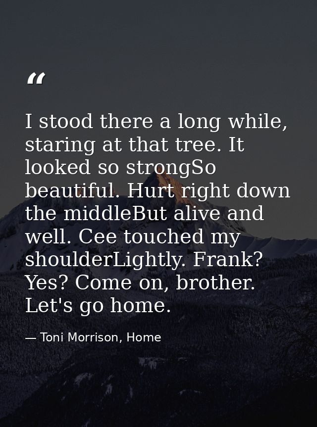I stood there a long while, staring at that tree. It looked so strongSo beautiful. Hurt right down the middleBut alive a — Toni Morrison, Home