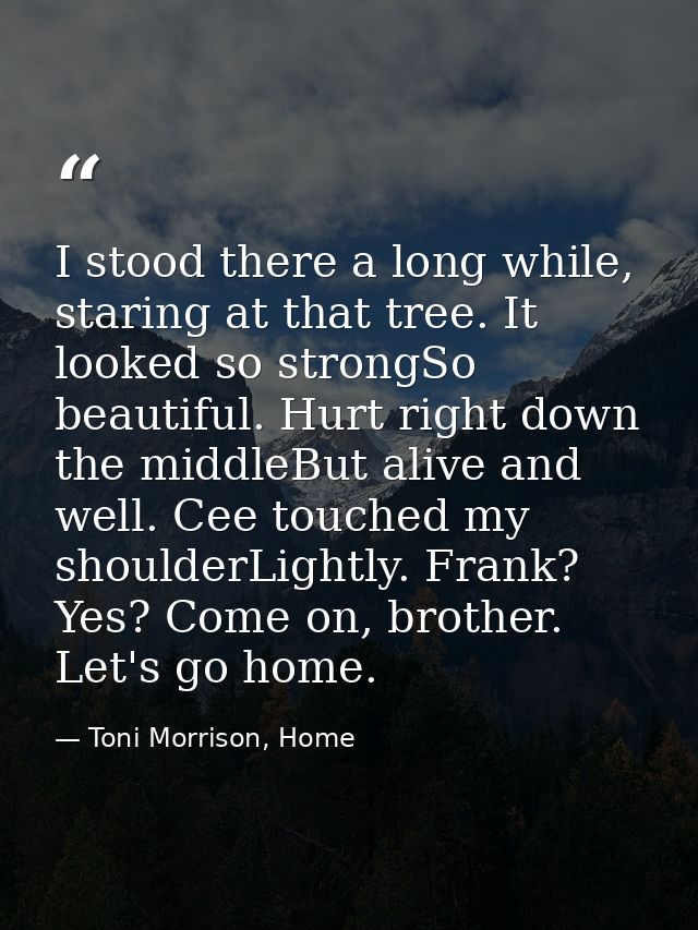 I stood there a long while, staring at that tree. It looked so strongSo beautiful. Hurt right down the middleBut alive a — Toni Morrison, Home