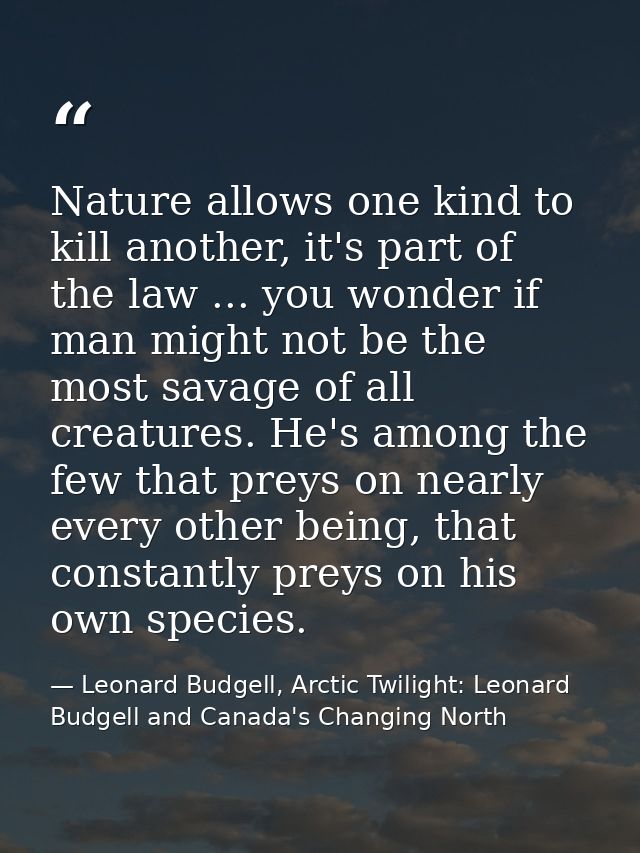 Nature allows one kind to kill another, it's part of the law ... you wonder if man might not be the most savage of all c — Leonard Budgell, Arctic Twilight: Leonard Budgell and Canada's Changing North