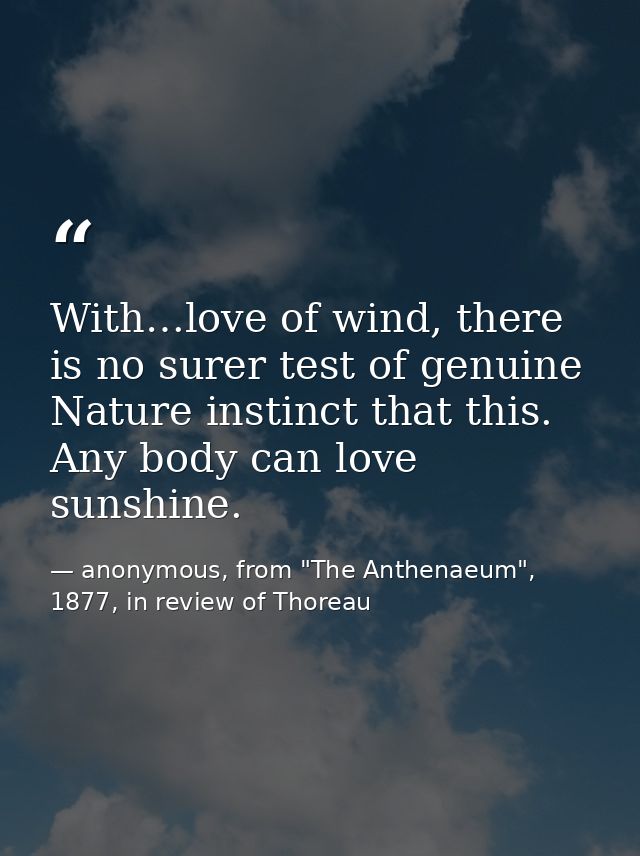 With…love of wind, there is no surer test of genuine Nature instinct that this. Any body can love sunshine. — anonymous, from "The Anthenaeum", 1877, in review of Thoreau