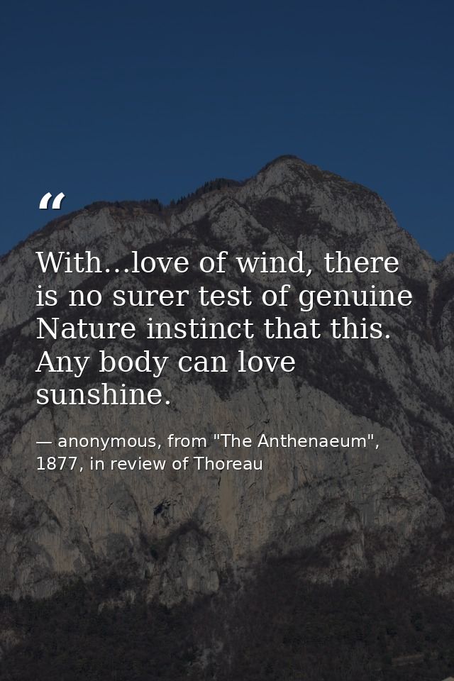 With…love of wind, there is no surer test of genuine Nature instinct that this. Any body can love sunshine. — anonymous, from "The Anthenaeum", 1877, in review of Thoreau