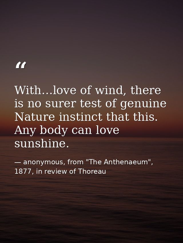 With…love of wind, there is no surer test of genuine Nature instinct that this. Any body can love sunshine. — anonymous, from "The Anthenaeum", 1877, in review of Thoreau