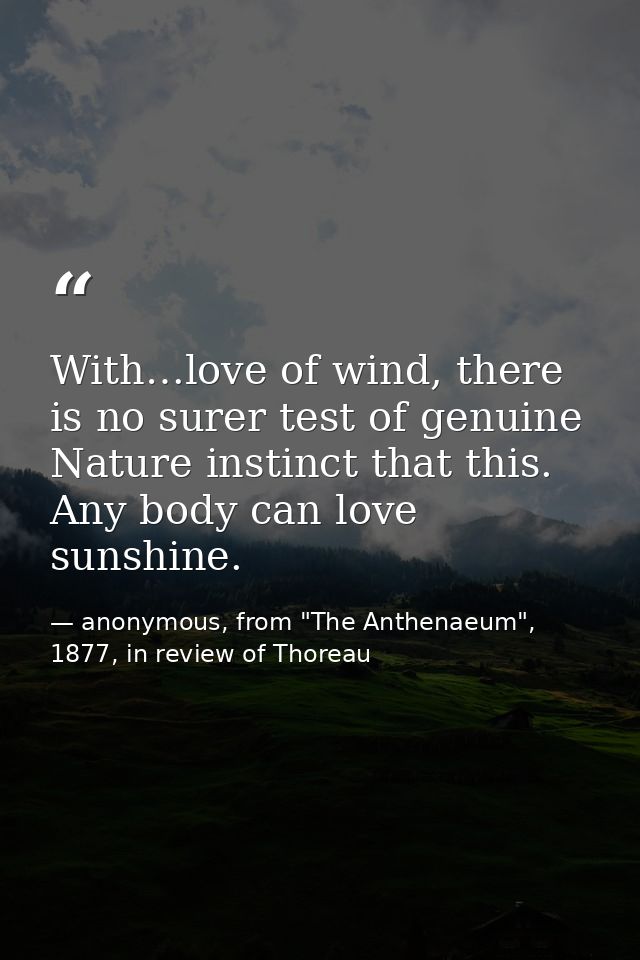 With…love of wind, there is no surer test of genuine Nature instinct that this. Any body can love sunshine. — anonymous, from "The Anthenaeum", 1877, in review of Thoreau
