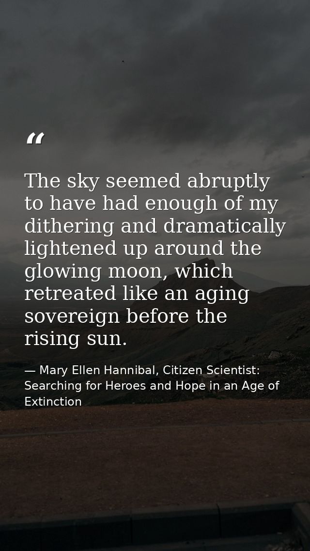 The sky seemed abruptly to have had enough of my dithering and dramatically lightened up around the glowing moon, which  — Mary Ellen Hannibal, Citizen Scientist: Searching for Heroes and Hope in an Age of Extinction
