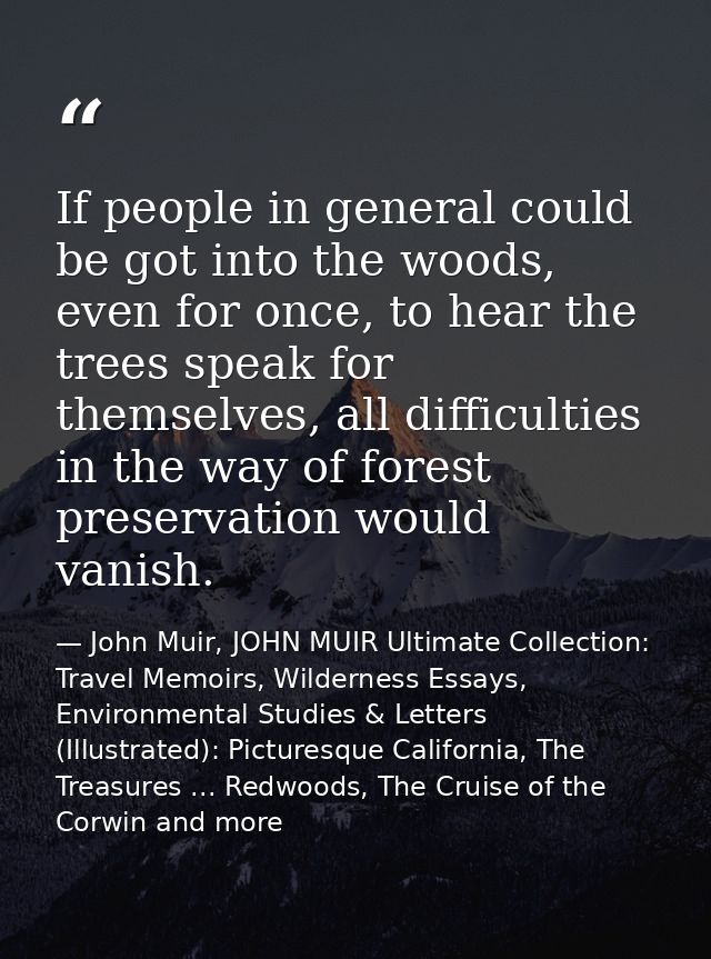 If people in general could be got into the woods, even for once, to hear the trees speak for themselves, all difficultie — John Muir, JOHN MUIR Ultimate Collection: Travel Memoirs, Wilderness Essays, Environmental Studies & Letters (Illustrated): Picturesque California, The Treasures ... Redwoods, The Cruise of the Corwin and more