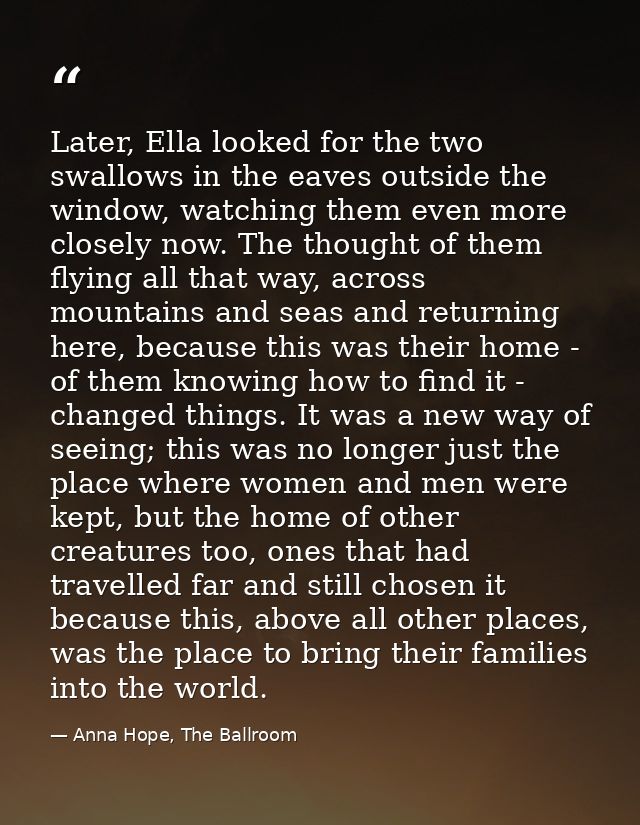 Later, Ella looked for the two swallows in the eaves outside the window, watching them even more closely now. The though — Anna Hope, The Ballroom