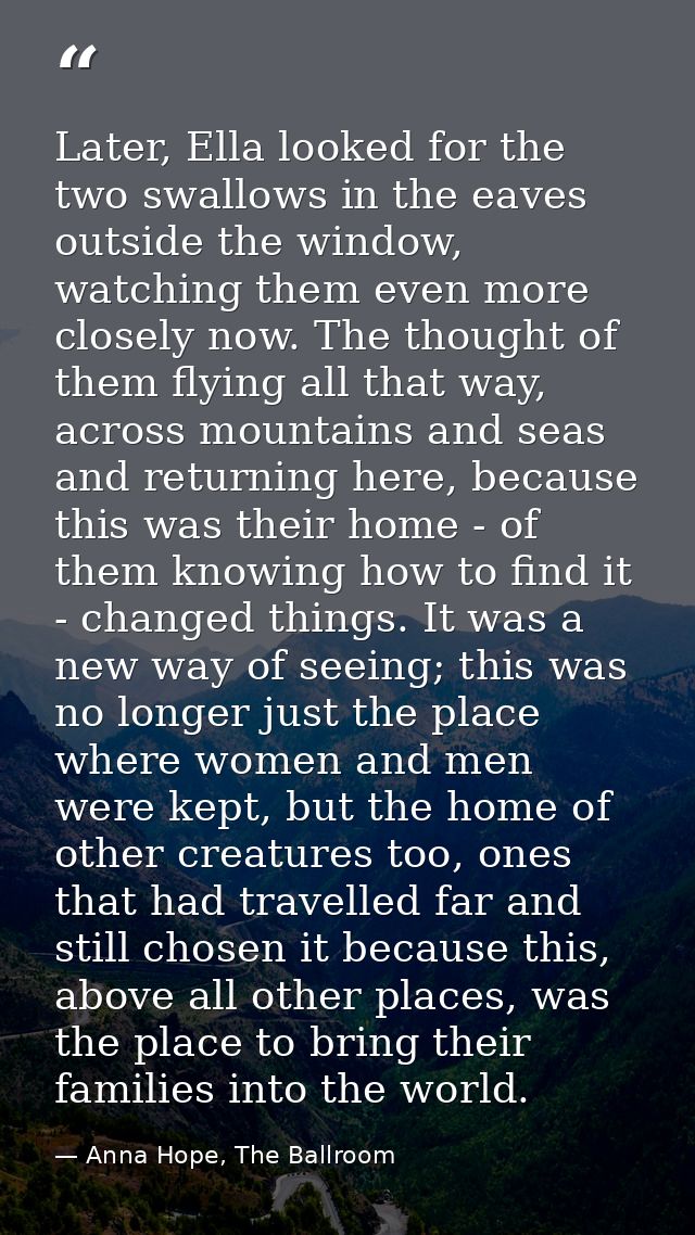 Later, Ella looked for the two swallows in the eaves outside the window, watching them even more closely now. The though — Anna Hope, The Ballroom