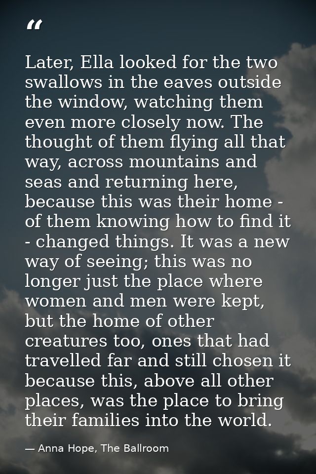 Later, Ella looked for the two swallows in the eaves outside the window, watching them even more closely now. The though — Anna Hope, The Ballroom