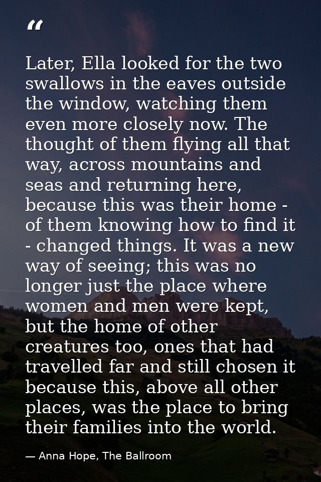 Later, Ella looked for the two swallows in the eaves outside the window, watching them even more closely now. The though — Anna Hope, The Ballroom