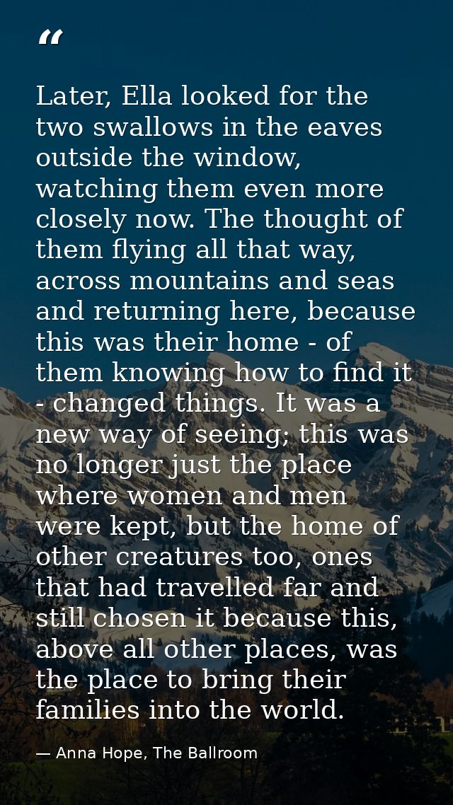 Later, Ella looked for the two swallows in the eaves outside the window, watching them even more closely now. The though — Anna Hope, The Ballroom