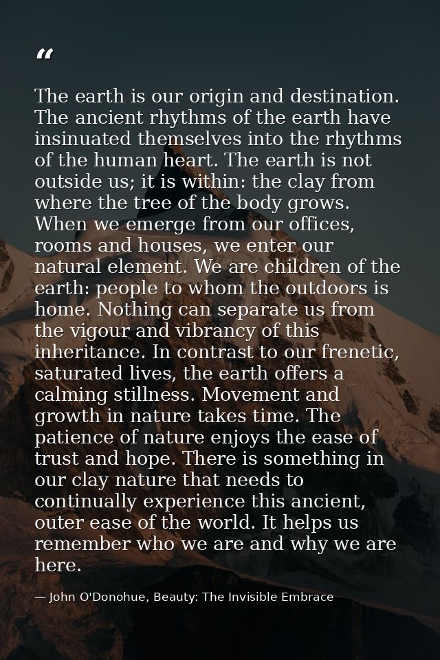 The earth is our origin and destination. The ancient rhythms of the earth have insinuated themselves into the rhythms of — John O'Donohue, Beauty: The Invisible Embrace