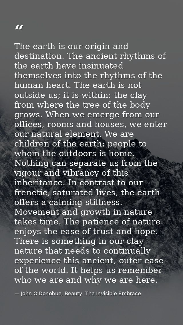 The earth is our origin and destination. The ancient rhythms of the earth have insinuated themselves into the rhythms of — John O'Donohue, Beauty: The Invisible Embrace