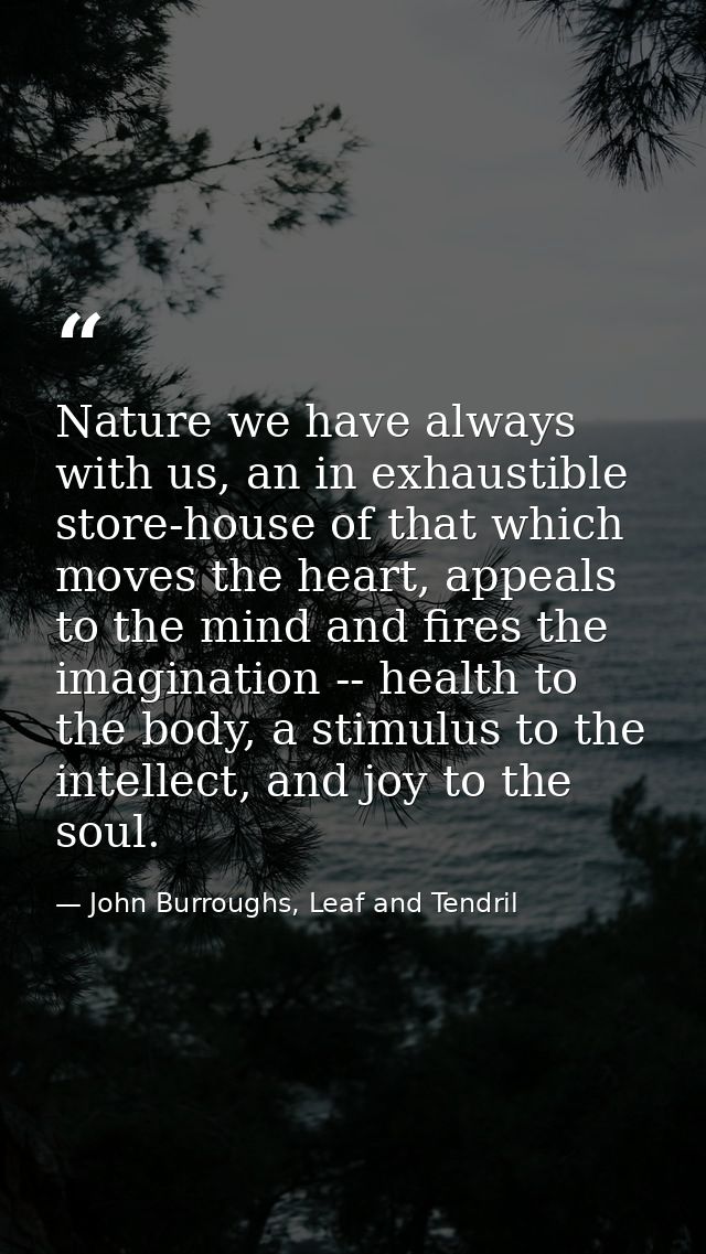 Nature we have always with us, an in exhaustible store-house of that which moves the heart, appeals to the mind and fire — John Burroughs, Leaf and Tendril