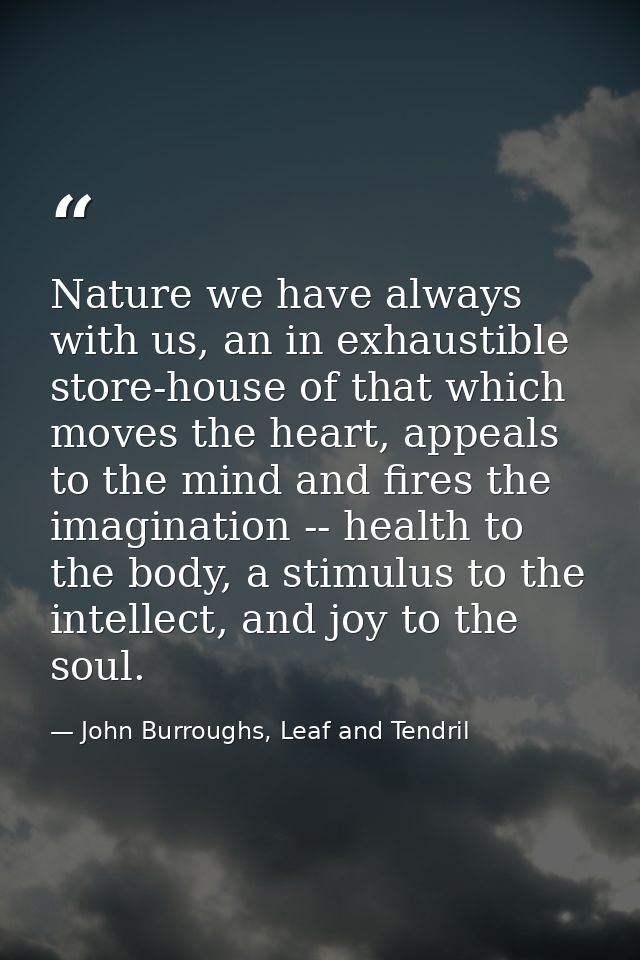 Nature we have always with us, an in exhaustible store-house of that which moves the heart, appeals to the mind and fire — John Burroughs, Leaf and Tendril